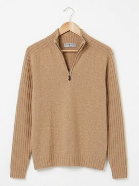 Alan Paine Men’s 100% Cashmere Tan Camel Quarter Zip Pullover Classic Sweater L